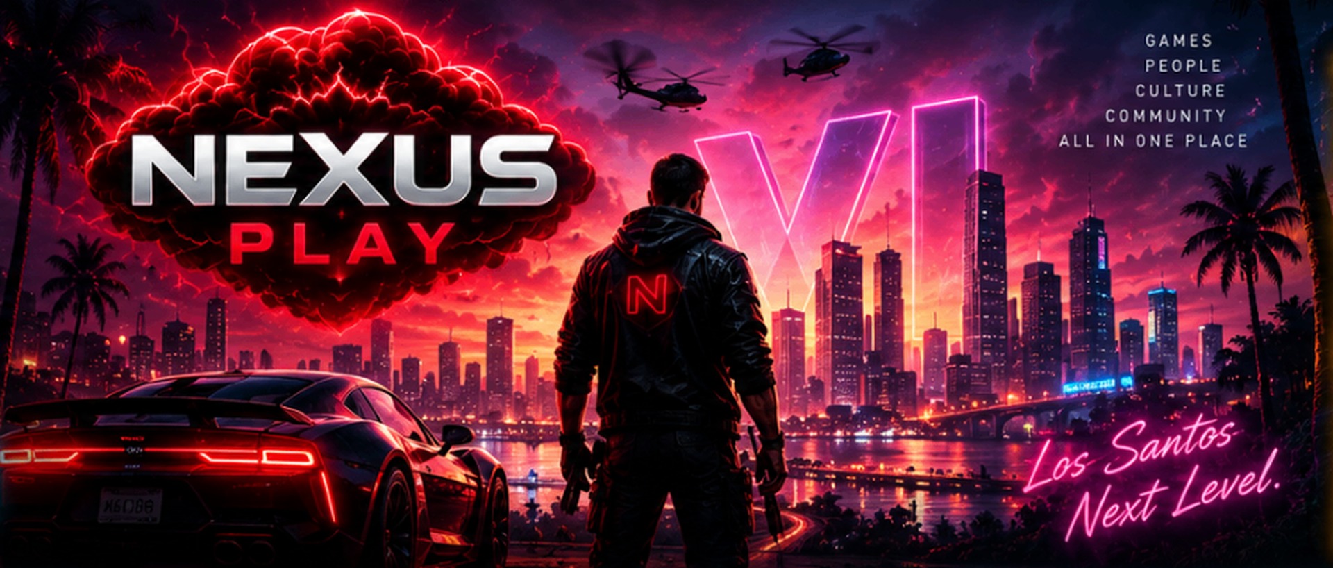 A Nexus operative overlooking a neon Los Santos skyline beneath a glowing red blast cloud